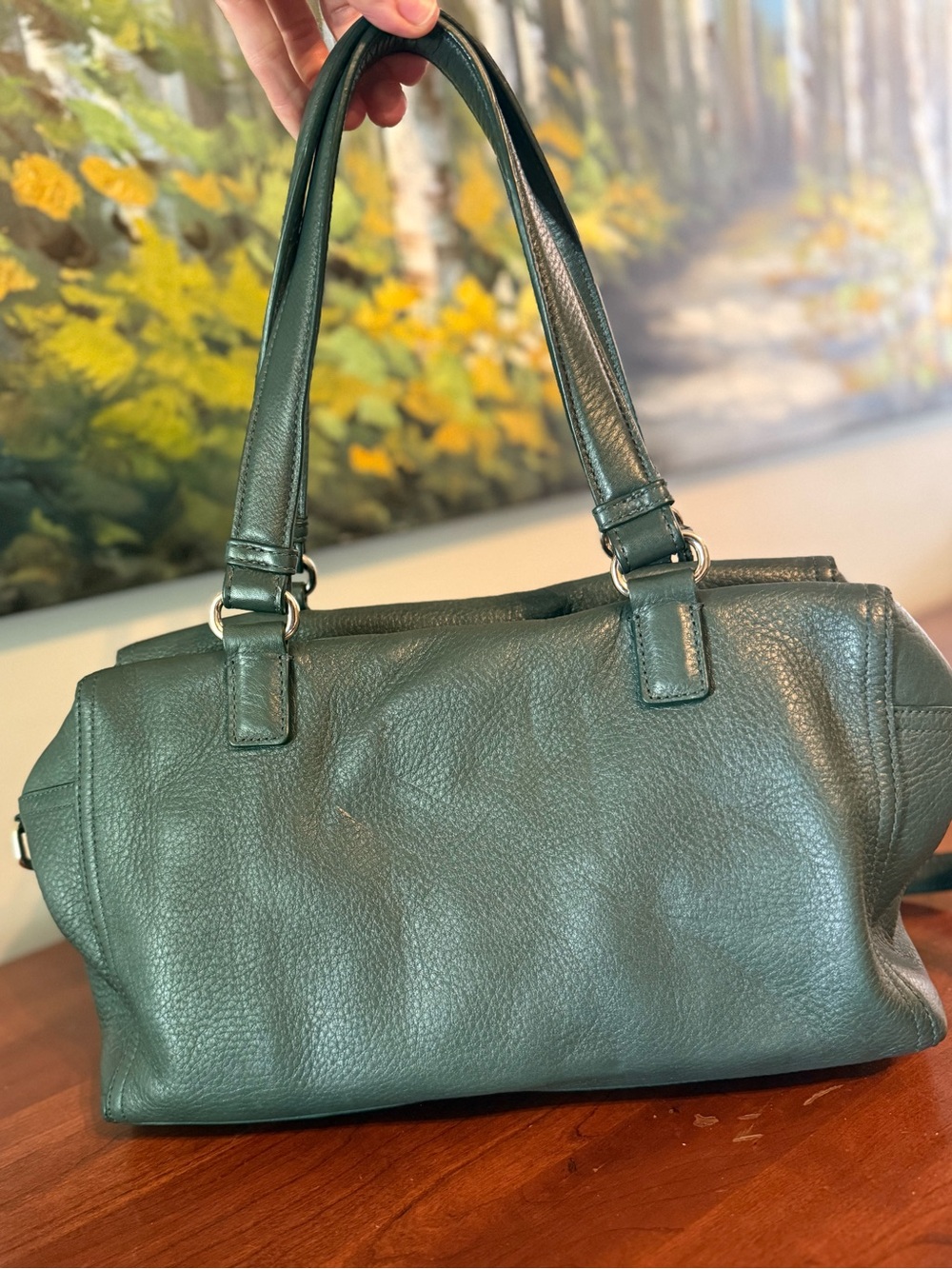 Cole Haan Pebbled Leather Satchel Crossbody Bag Forest Green Double Pocket EUC - Picture 3 of 9